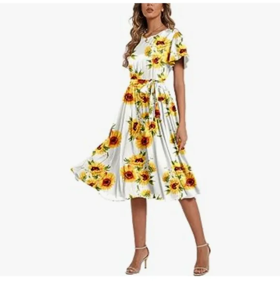 PLUS SIZE NILOUFO Womens Ruffle Sleeves Belted Elastic Waist Pleated Long Dress - Picture 1 of 5